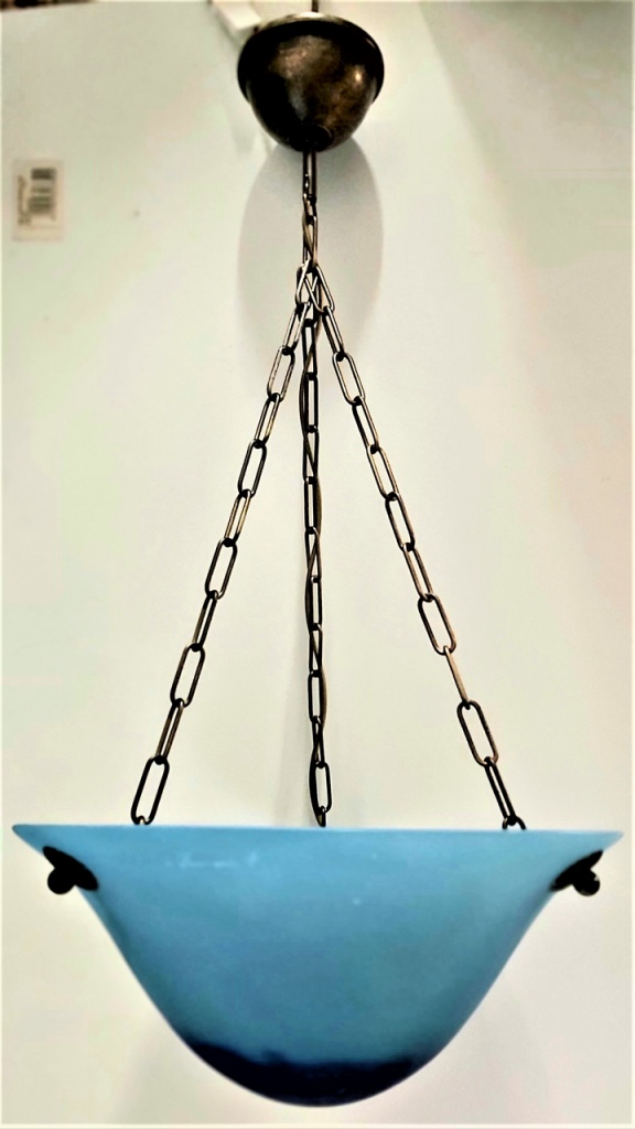 Lustre pâte de verre, plafonnier en pate de verre, suspension en pate de verre, modèle Vi Couoe 36 Turquoise hauteur 60 cm, largeur 36 cm