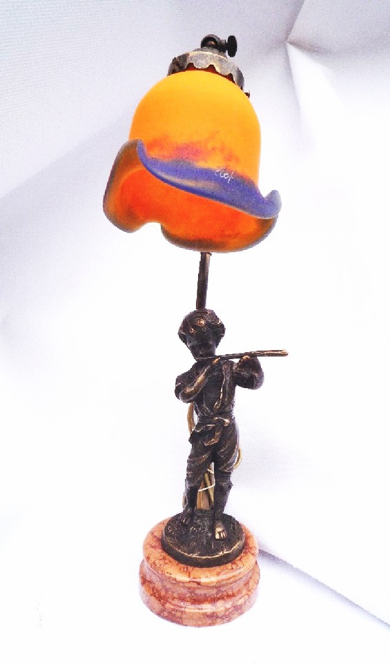Lampe en pâte de verre et bronze Alix 1 tulipe orange. Hauteur 45 cm. Marbre, lampe en pâte de verre