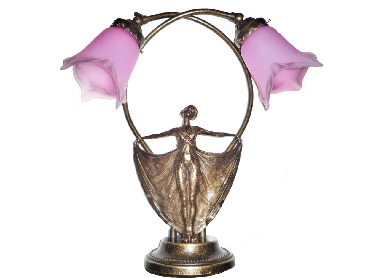 Lampe en pâte de verre et bronze, Diane Art Nouveau laiton 2 tulipes rose b. H. 40 cm