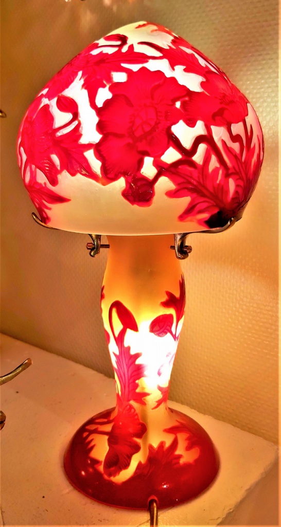 Lampe Art Nouveau, lampe Gallé style, lampe pâte de verre, modèle mini IK coquelicot rouge
