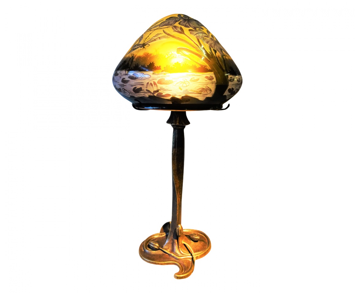 Lampe Art Nouveau, lampe Gallé style, modèle Rio paysage bleu, lampe pâte de verre