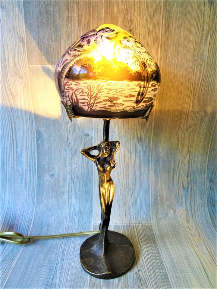 Lampe Art Nouveau en bronze, lampe Gallé style, lampe pâte de verre, modèle Lisa paysage bleu