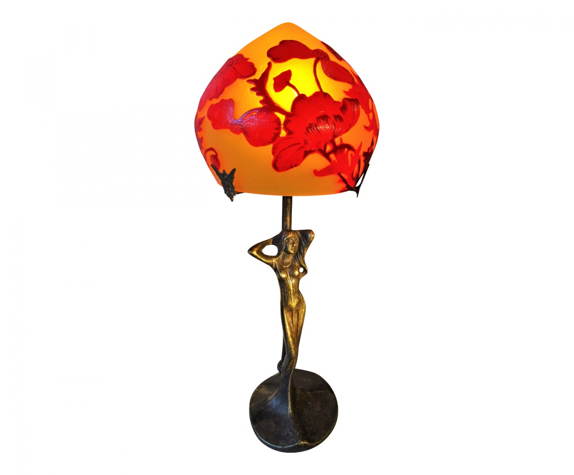 Lampe Art Nouveau en bronze, lampe Gallé style, lampe pâte de verre, modèle Lisa Coquelicot
