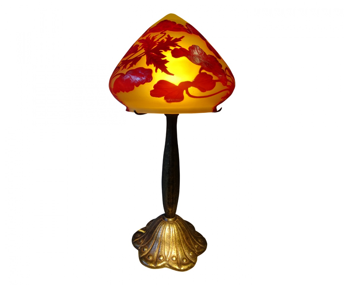 Lampe Art Nouveau Nancy style,lampe Gallé style pâte de verre, Coquelicot rouge bombé, pied décor ombelle
