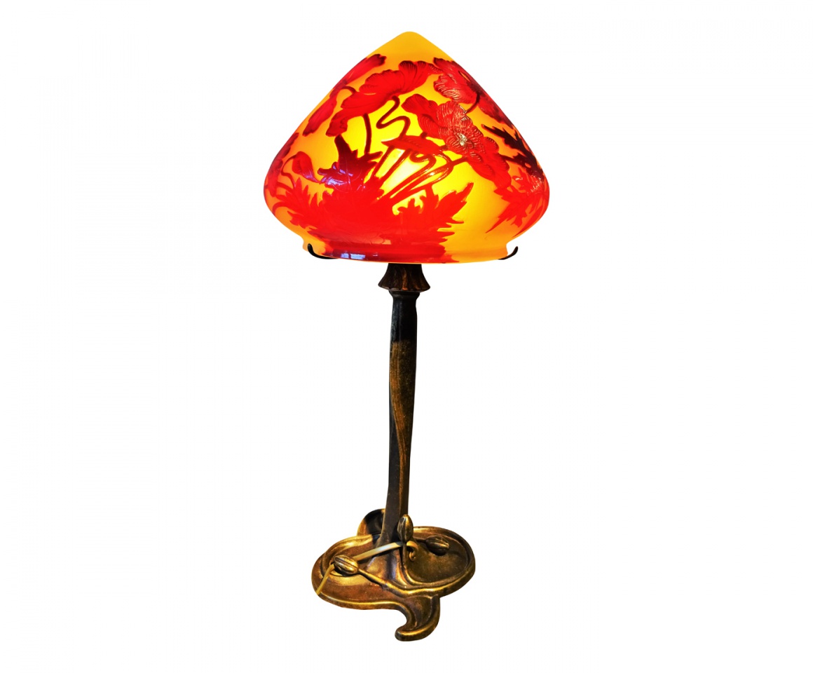 Lampe Art Nouveau, lampe Gallé style, modèle Rio Coquelicot rouge bombé