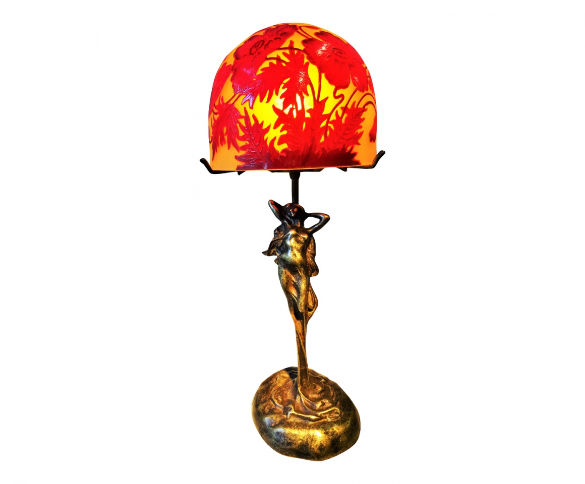 Lampe Art Nouveau en bronze, lampe Gallé style, lampe pâte de verre, modèle Elise cone 20 coquelicot