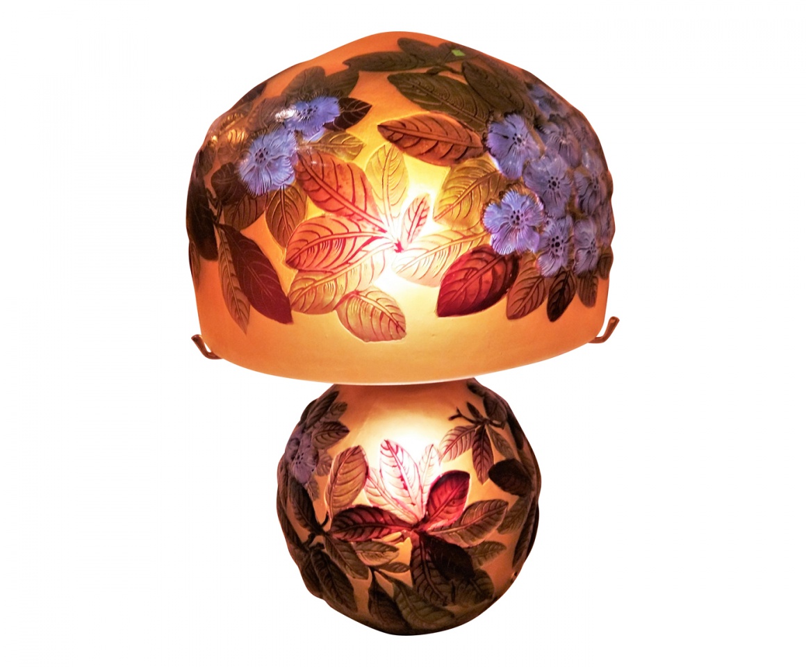 Lampe Art Nouveau Nancy style, lampe Gallé style en pâte de verre, Rhododendrons bleu