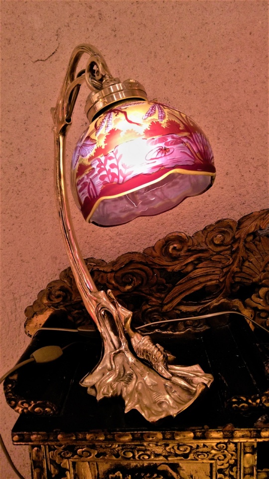 Lampe Art Nouveau en bronze, lampe Gallé style, lampe en pâte de verre, Escargot cône gravé