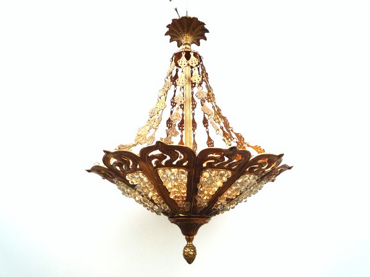 Lustre cristaux de verre, Eventail blanc MM.Hauteur 80 cm. Bronze et perles de verre