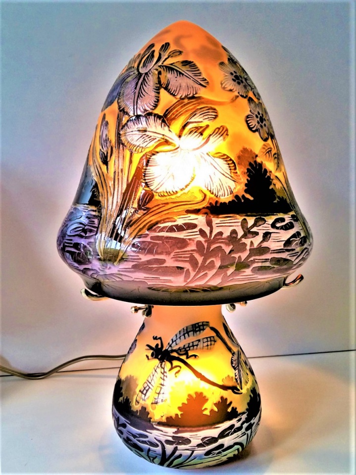Lampe Art Nouveau Nancy style, lampe Gallé style en pâte de verre, Fuji Libellule bleue