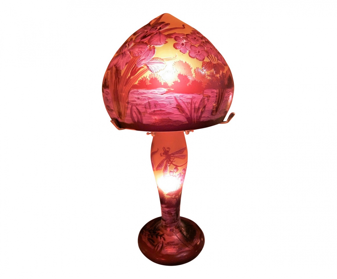 Lampe Art Nouveau, Lampe Gallé style, lampe école de Nancy, modèle Mihaela cône Libellule Rouge
