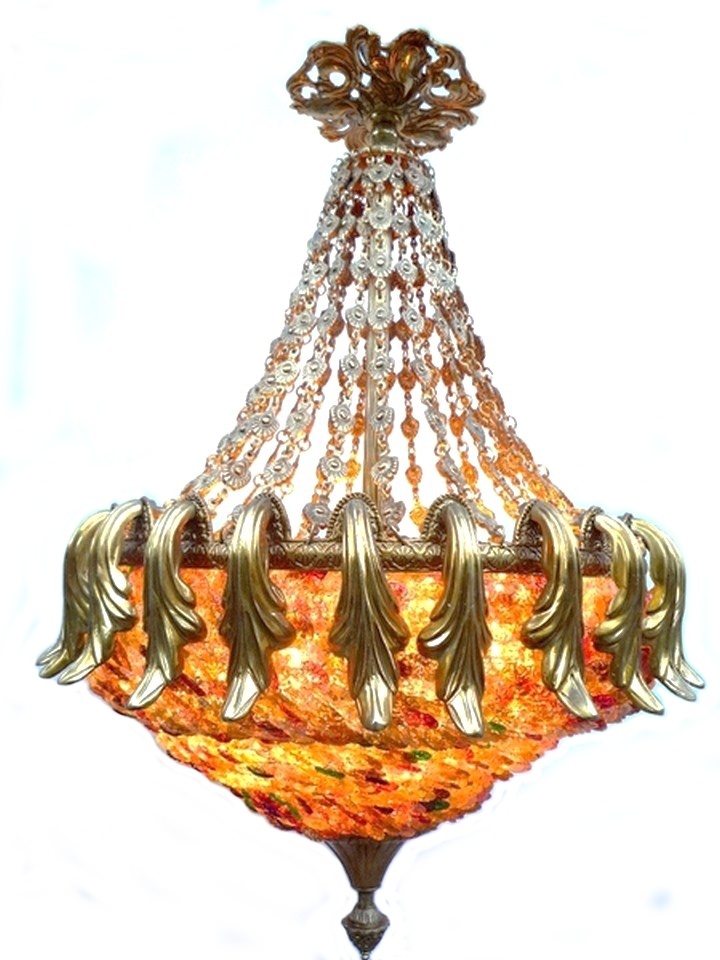 Lustre cristaux de verre, plafonnier cristaux de verre, suspension cristaux de verre, modèle Monaco coloré. Hauteur 90 cm. Bronze et fleurs de verre