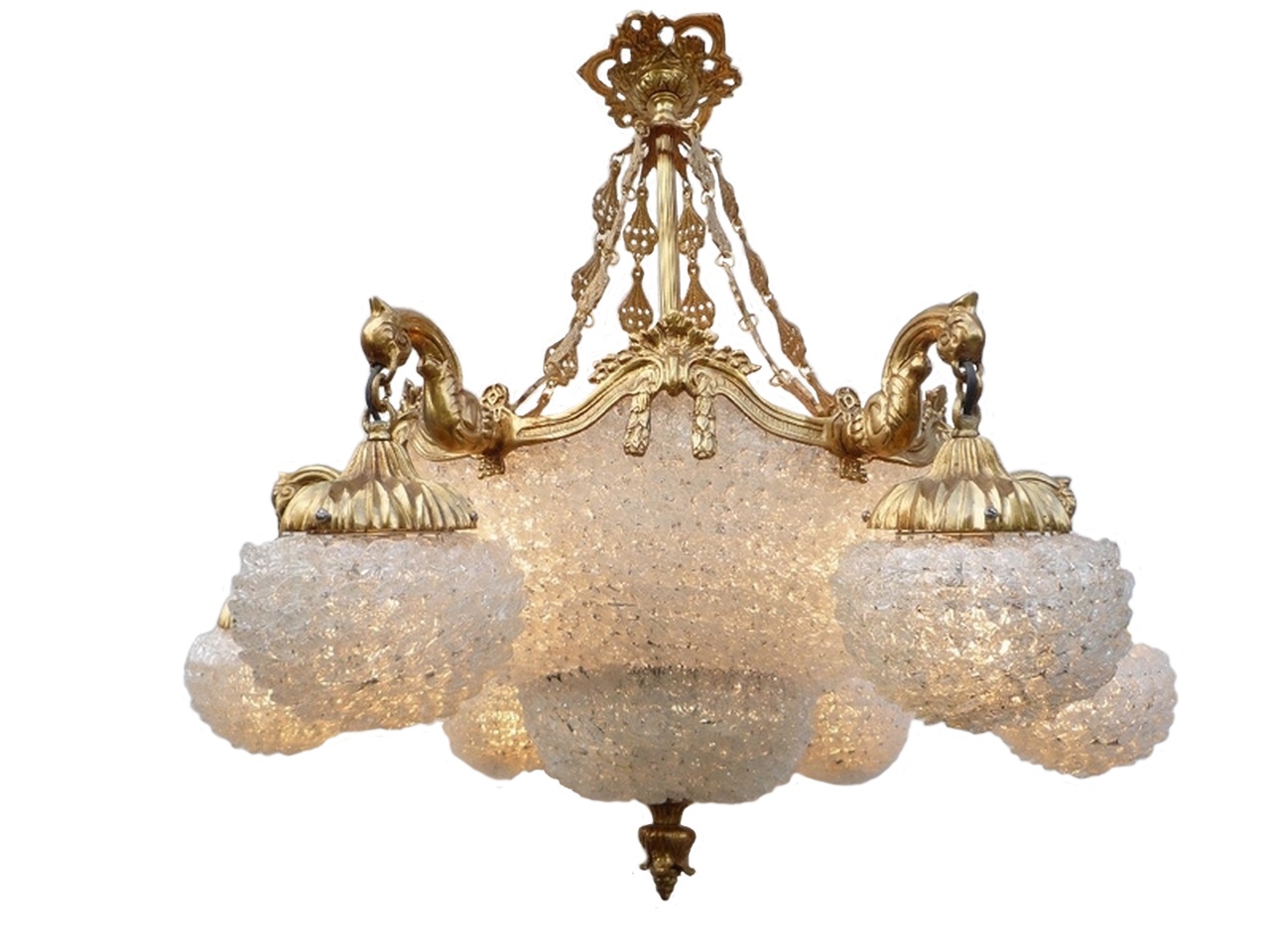 Lustre cristaux de verre, plafonnier cristaux de verre, suspension cristaux de verre, modèle Monte Carlo en bronze et fleurs de verre blanc. Hauteur 8