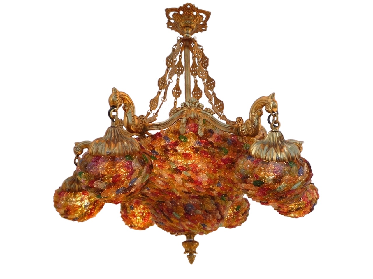 Lustre cristaux de verre, plafonnier cristaux de verre, suspension cristaux de verre, modèle Monte Carlo pâte de verre coloré. Hauteur 80 cm. Bronze e