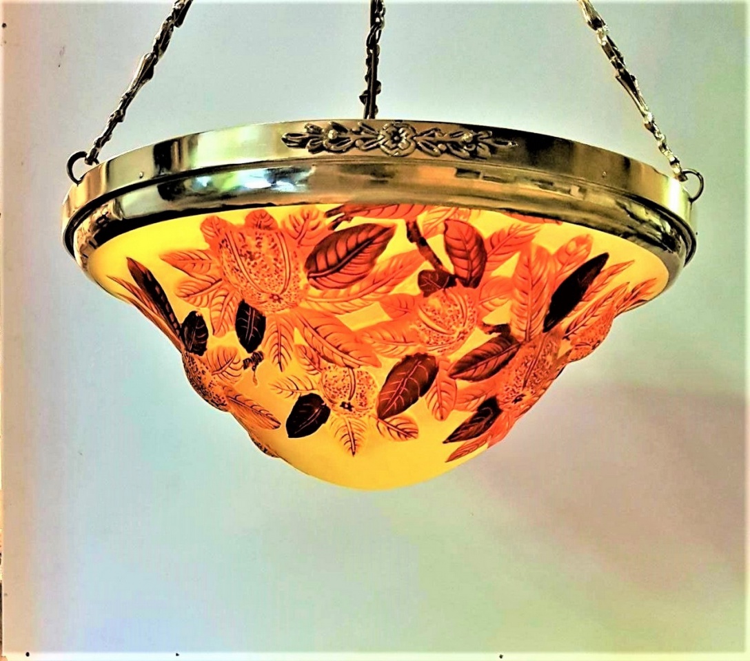 Lustre Art Nouveau, lustre Gallé style, lustre brasserie, lustre pâte de verre, 1 coupe mandarine