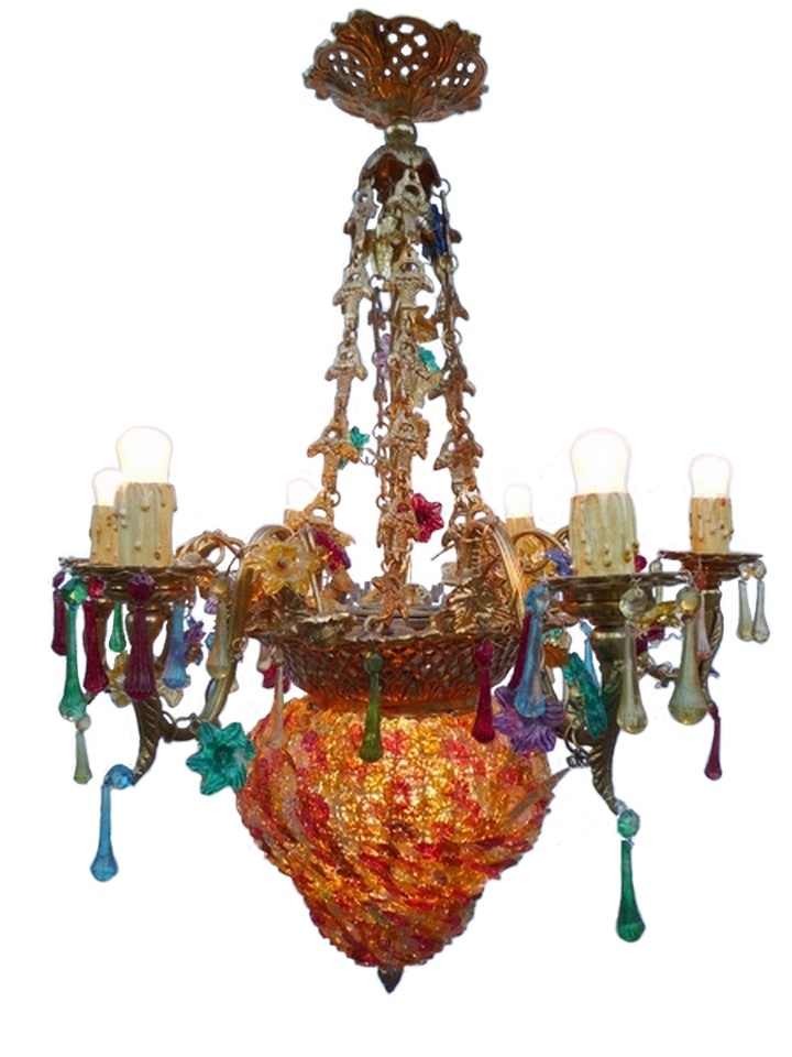 Lustre cristaux de verre, plafonnier cristaux de verre, suspension cristaux de verre, modèle m Trianon coloré. Hauteur 70 cm. Bronze et fleurs de verr