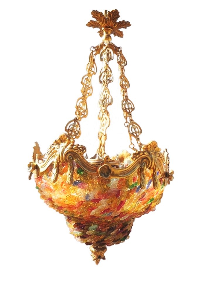 Lustre cristaux de verre, plafonnier cristaux de verre, suspension cristaux de verre, modèle m Venise coloré. Hauteur 70 cm. Bronze et fleurs de verre